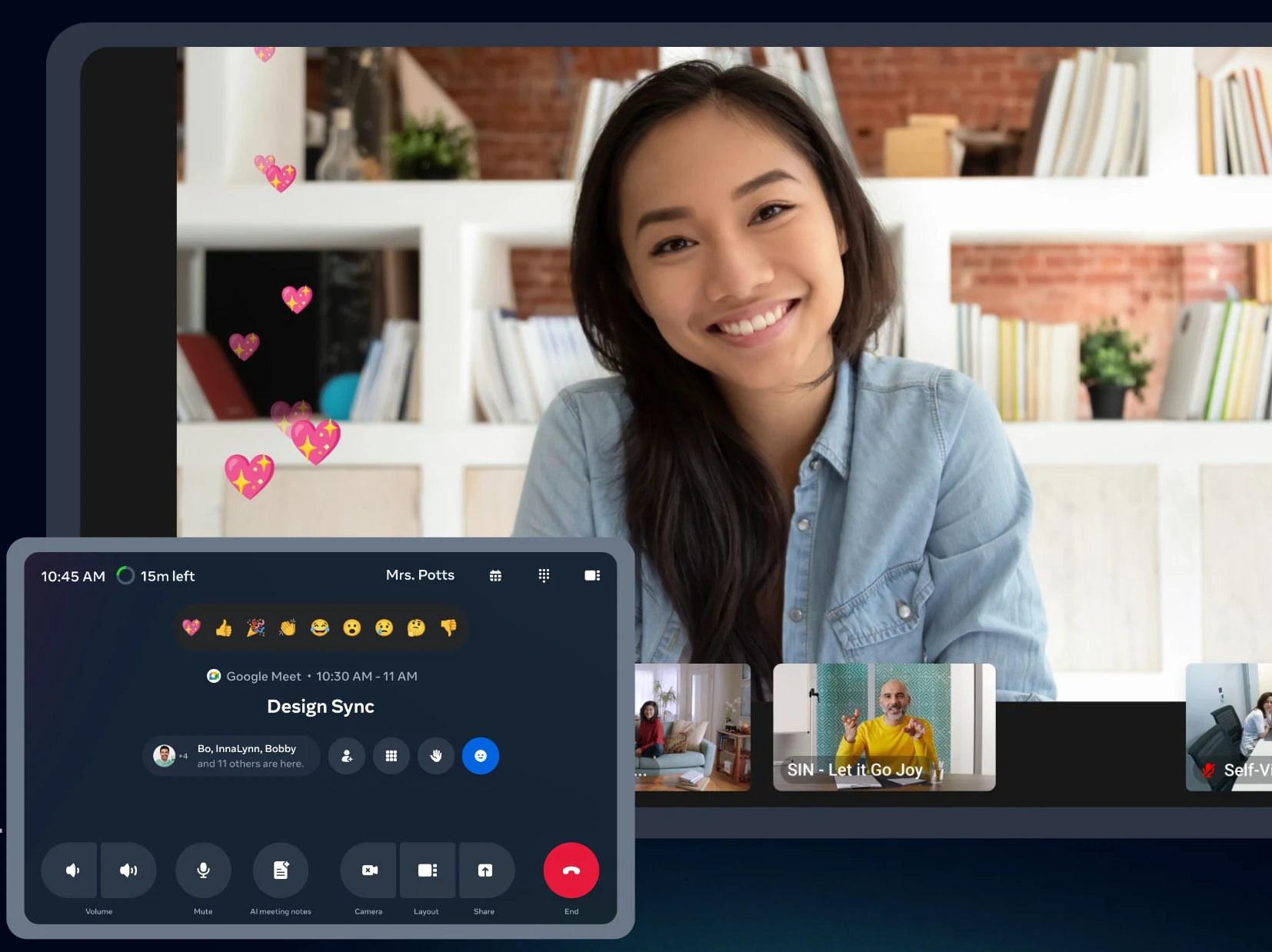 A Google Meet call with a raised-hand notification, 'Bob Kim raised a hand', and the reaction and control bar.