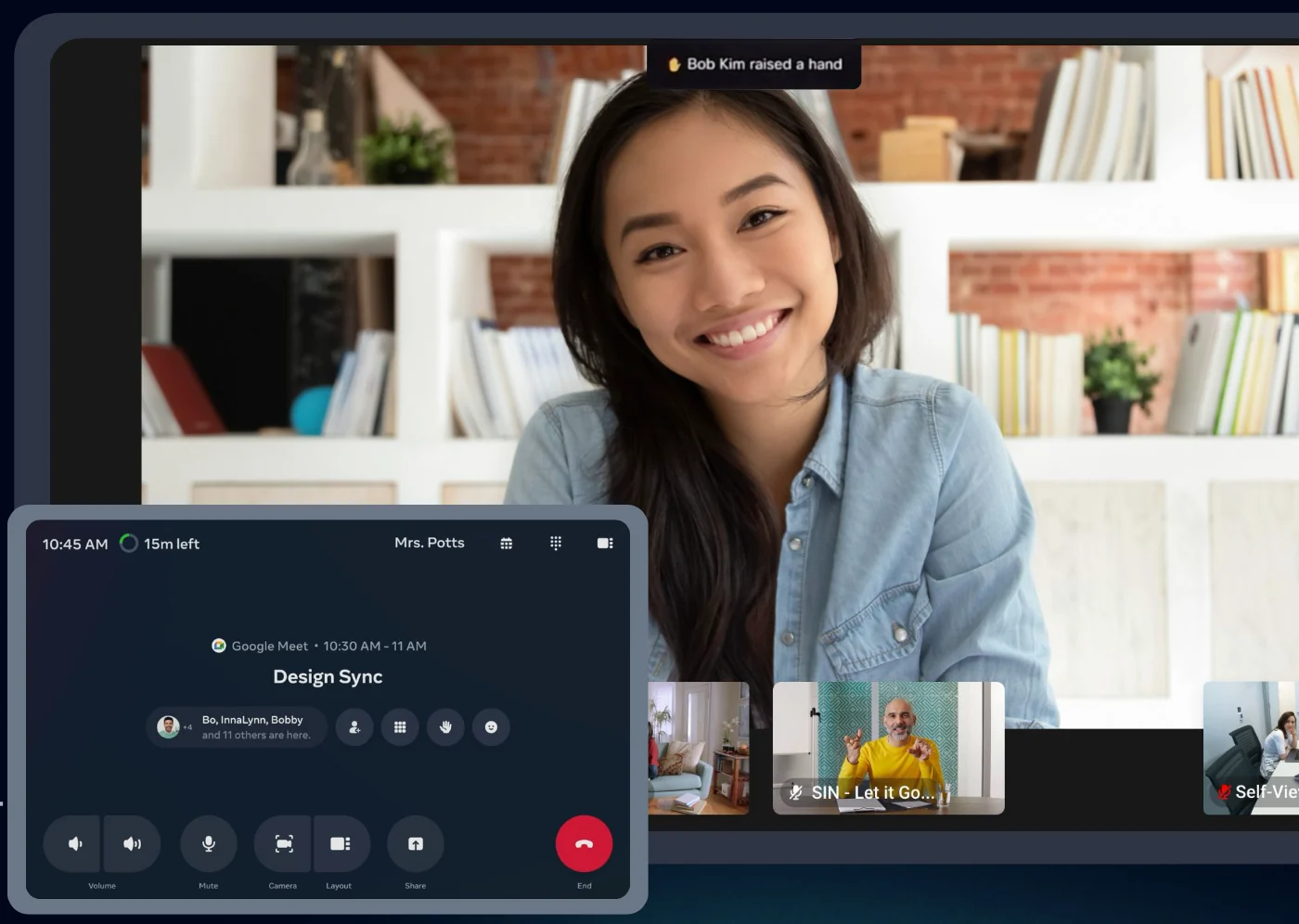 A Google Meet call with floating emoji reactions and the reaction bar, plus an AI meeting notes control.