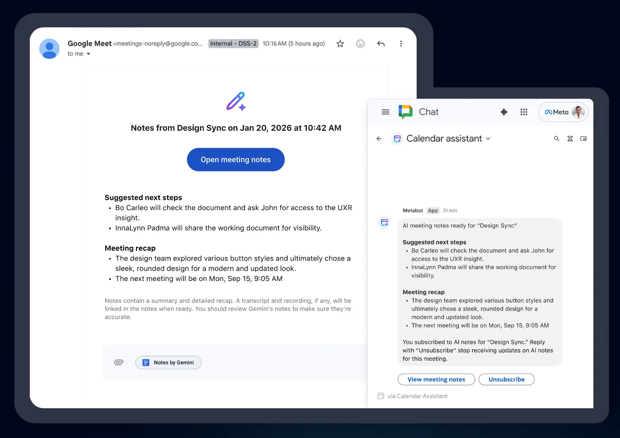 A generated Notes-by-Gemini document with Summary, Details, and Suggested next steps sections.