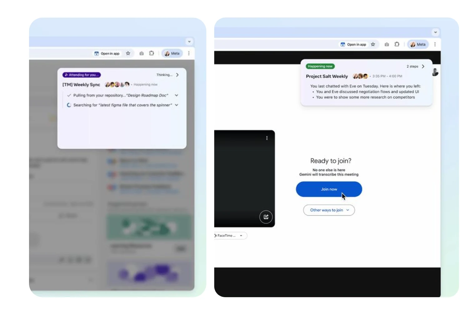 Agent activity cards: attending-for-you pulling from your repository, and a ready-to-join recap for the next meeting.