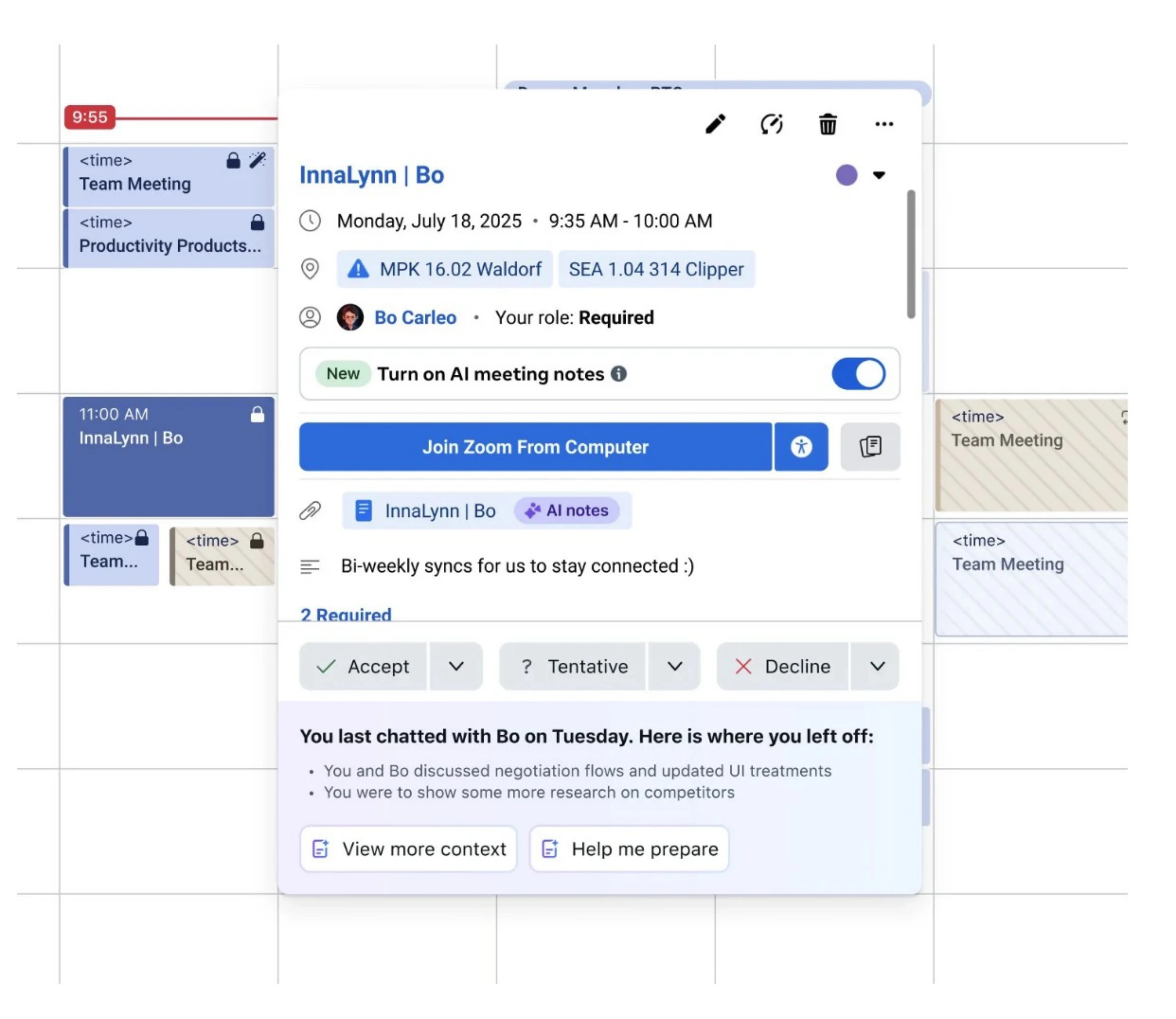 A calendar event detail card with an AI meeting notes toggle, join controls, and a where-you-left-off recap that helps you prepare before the meeting.