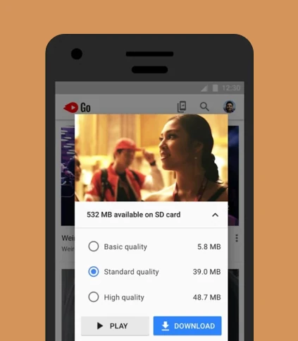 YouTube Go download screen counting file sizes, 5.8MB to 48.7MB, against 532MB of available SD-card storage.
