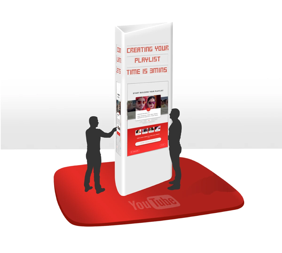 A three-sided YouTube Station kiosk tower with a live counter reading 'Creating your playlist, time is 3 mins' above a touchscreen.