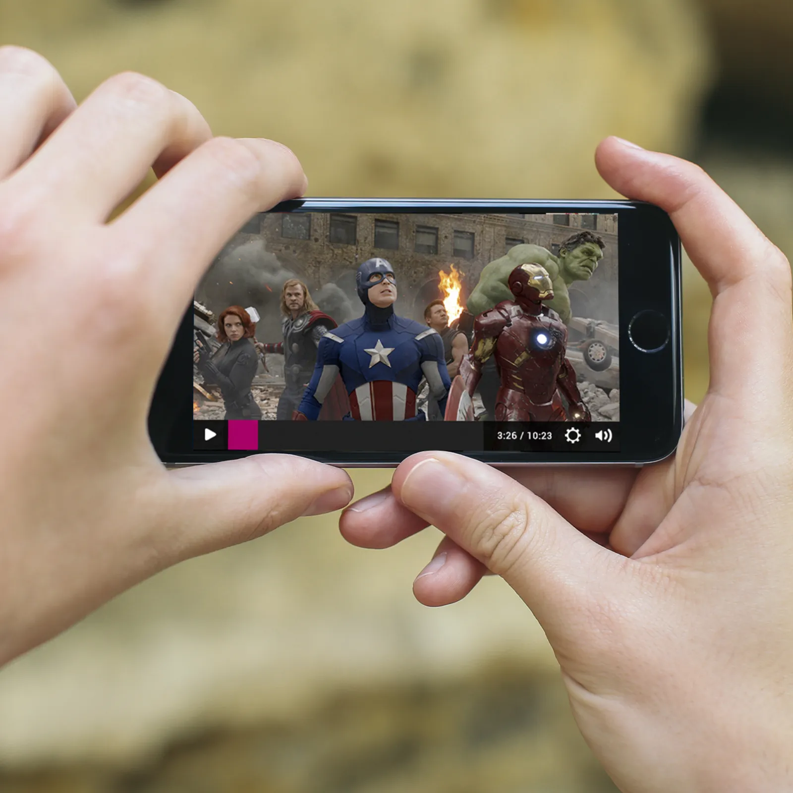 Playing a film in landscape on a phone.