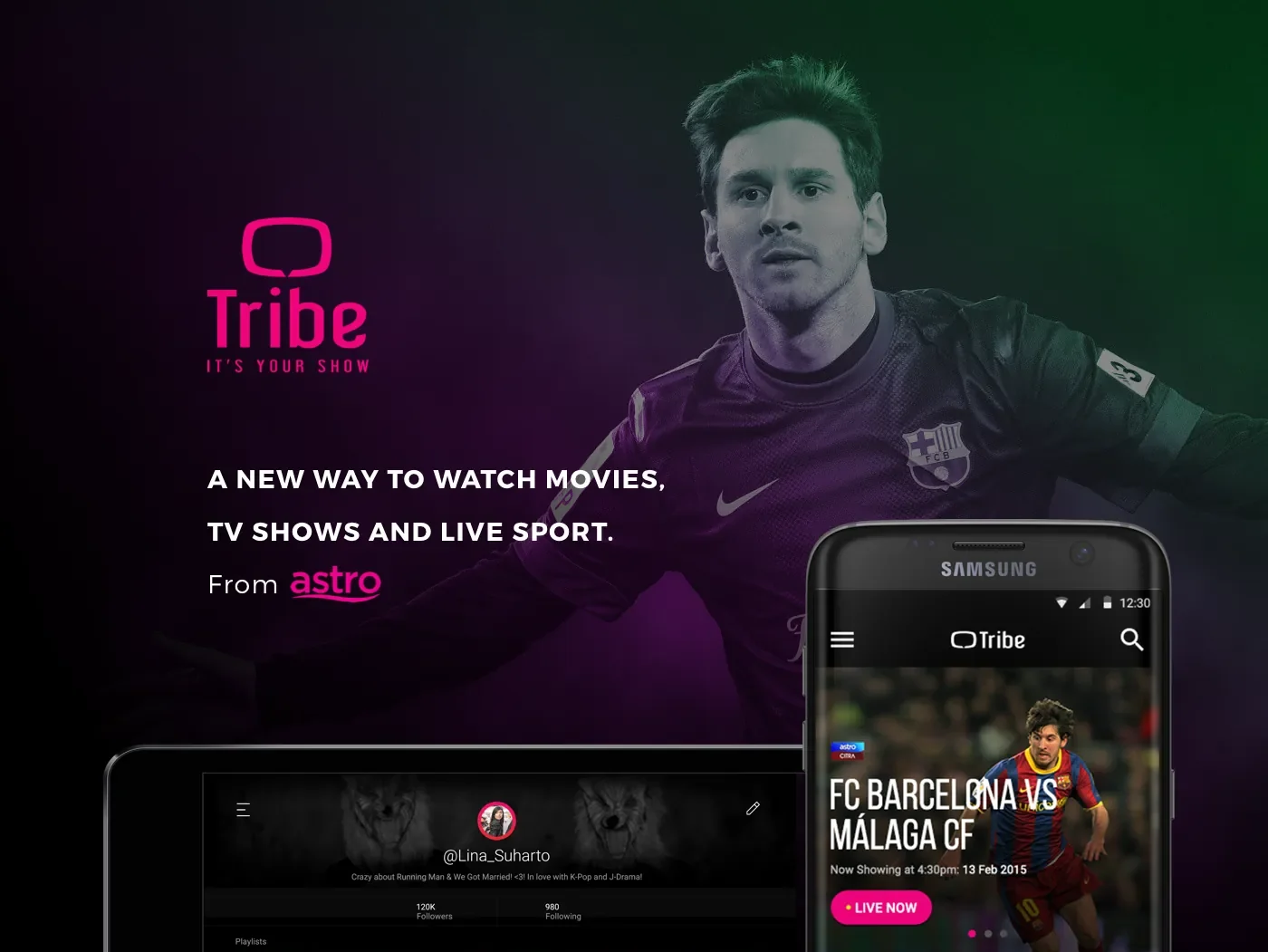 Tribe shown across phone and tablet, home, profile and episode detail views.