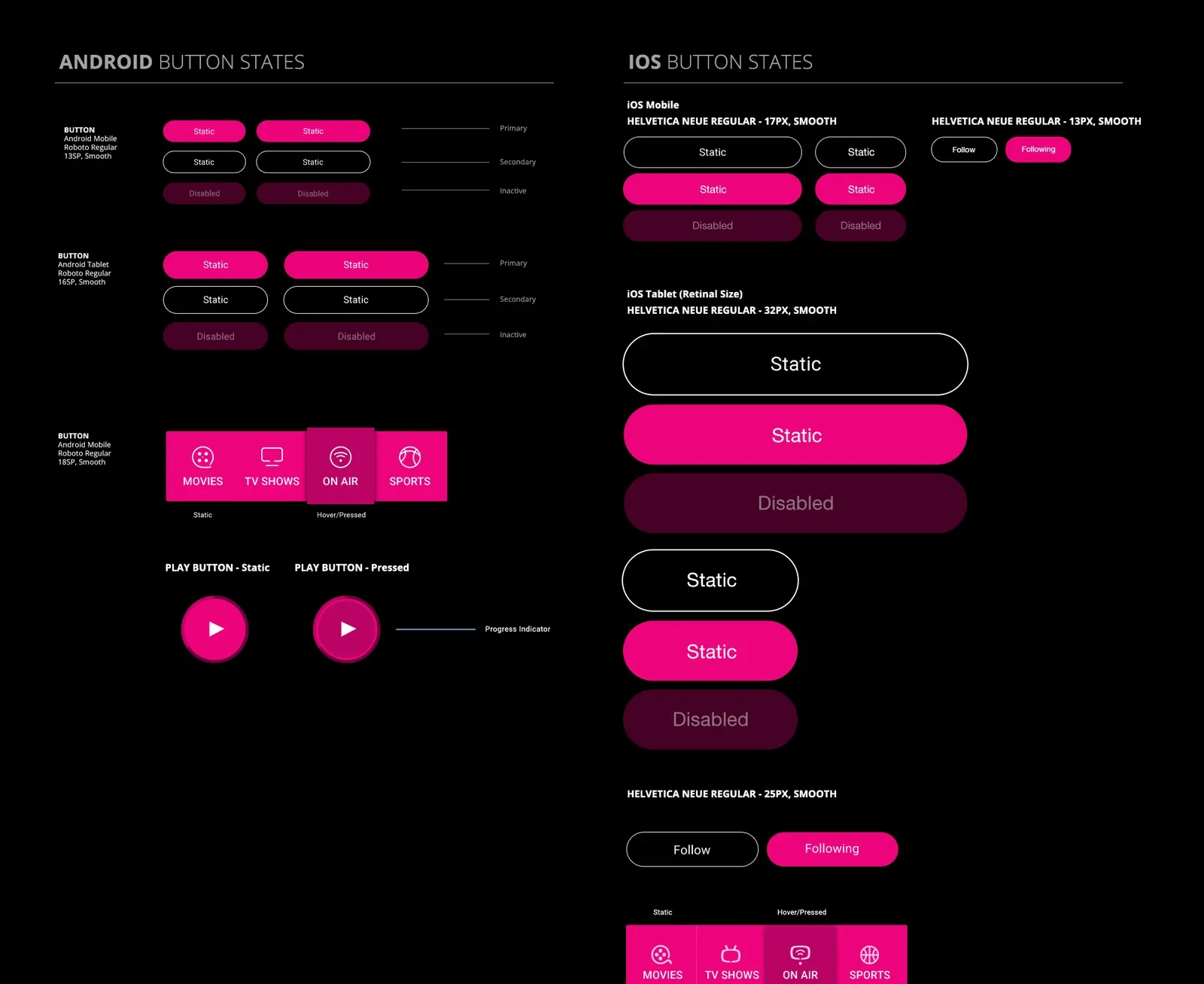 Button states across Android and iOS, primary, secondary, disabled, and play.