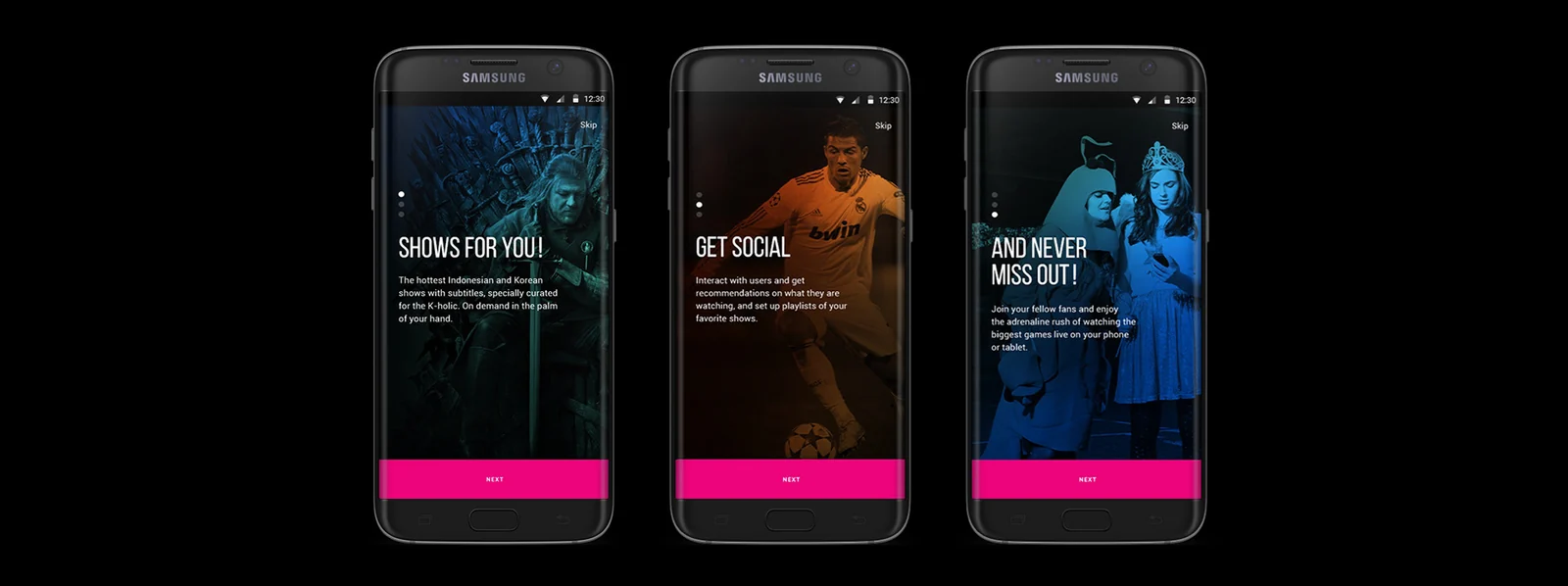 Onboarding across three screens: Shows for you (curated Indonesian and Korean shows), Get social (follow users and build playlists), and Never miss out (live games with fellow fans).