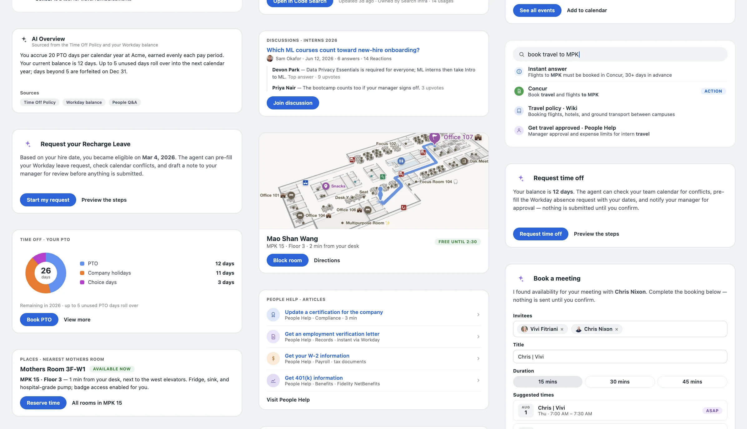 After: a blended experience of grounded AI answers and Agentic Rich Cards that book rooms, request time off, and complete tasks in place.