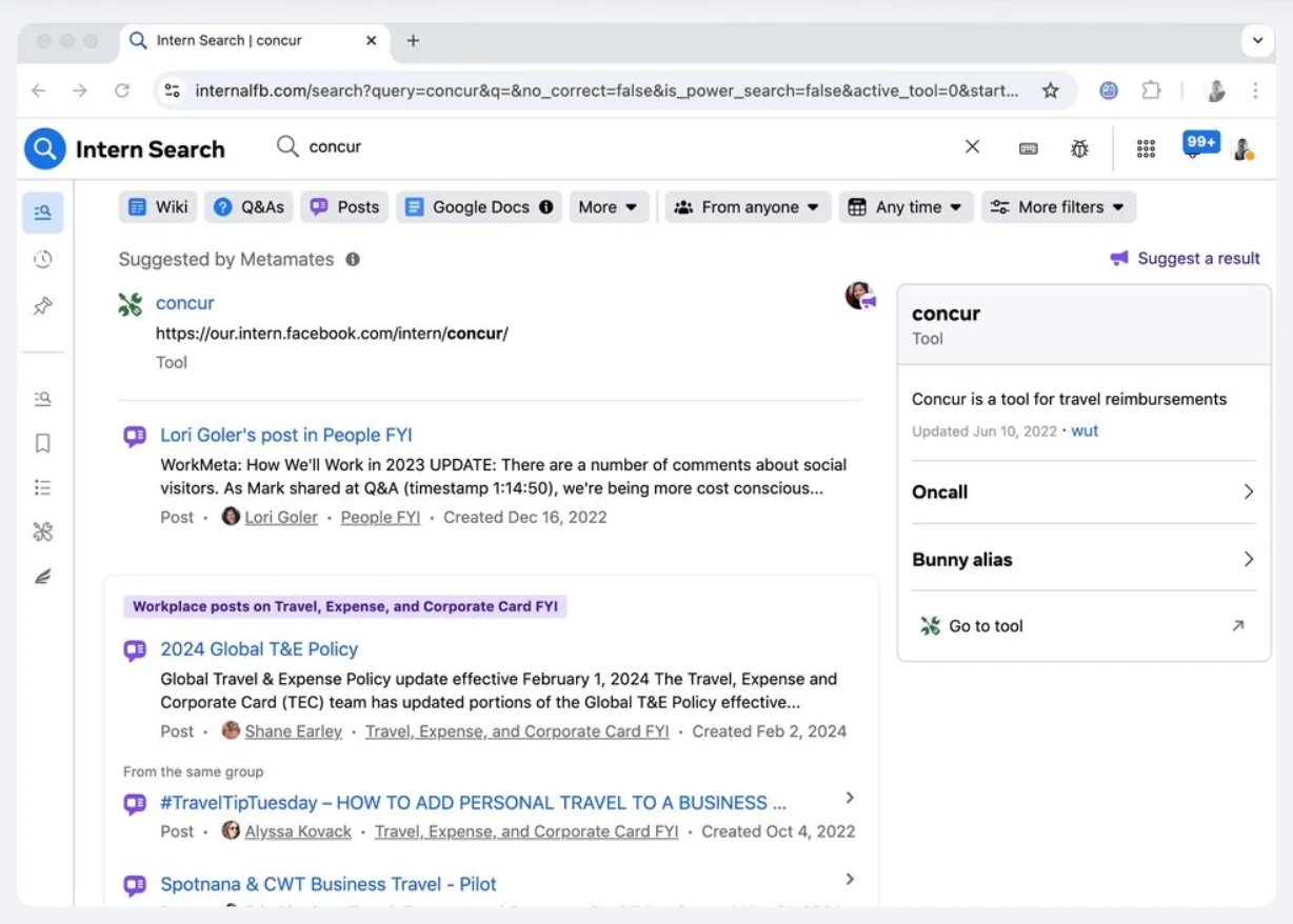 Traditional Intern Search results: a query returns ranked blue links and posts.