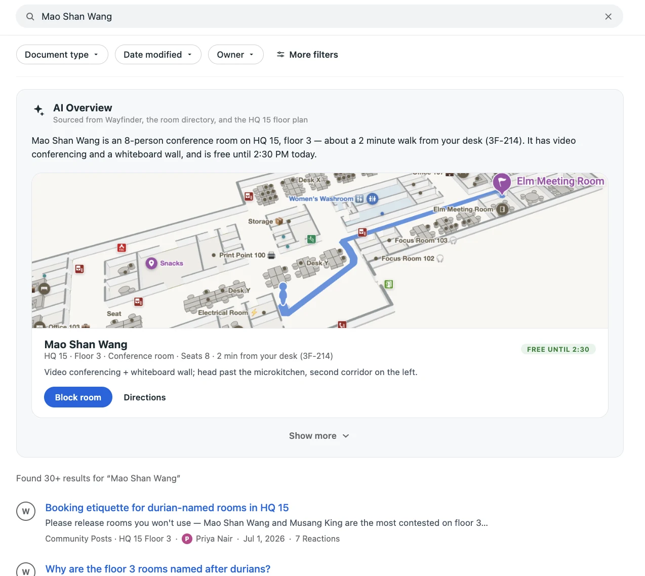 A blended SERP: an AI Overview answer for a conference room with a wayfinding map and a Block room action, above the ranked blue-link results.