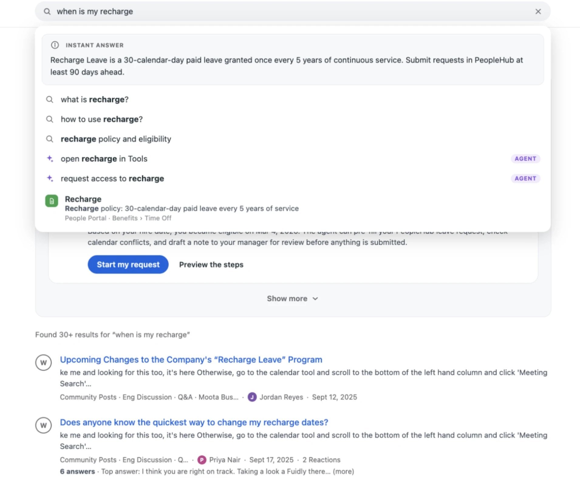 Typeahead: a recharge query surfaces an instant answer, AI prompt suggestions, and agent actions right in the search bar.