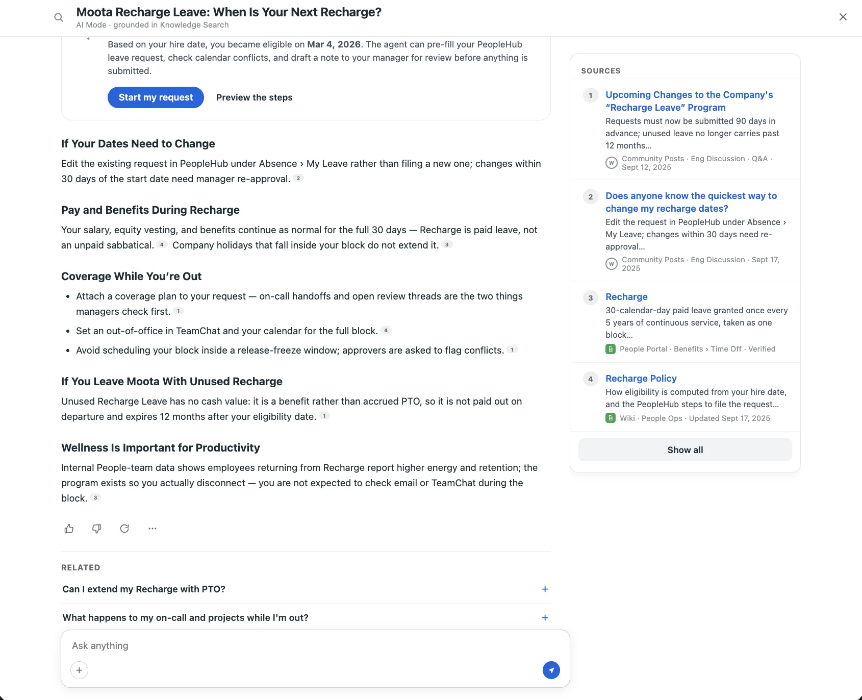 Multi-turn AI answer grounded in Knowledge Search: a full response with a numbered sources panel showing freshness, author, and provenance for each result.