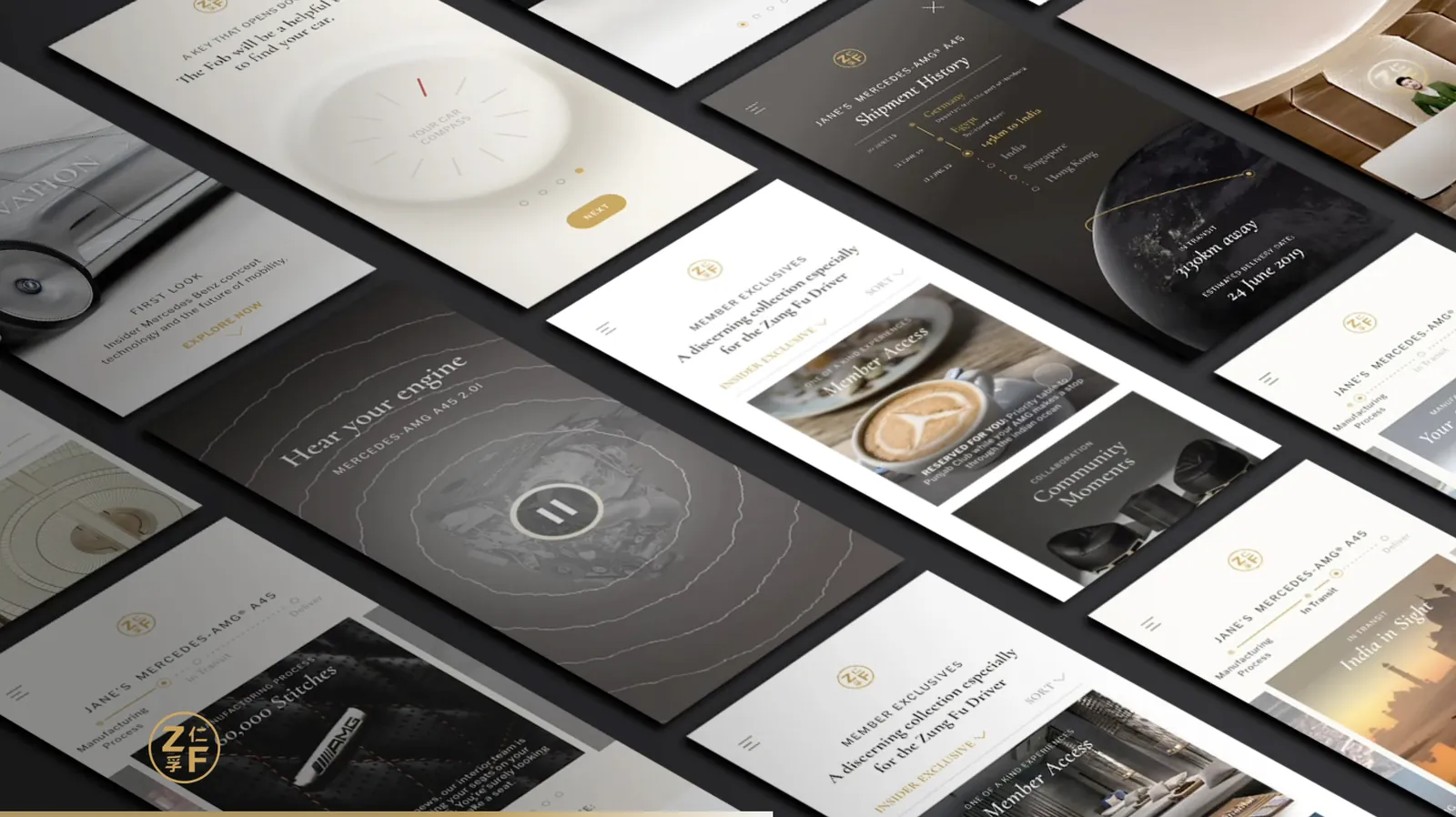 A spread of app screens: shipment history, hear your engine, member exclusives, community moments and brand content.