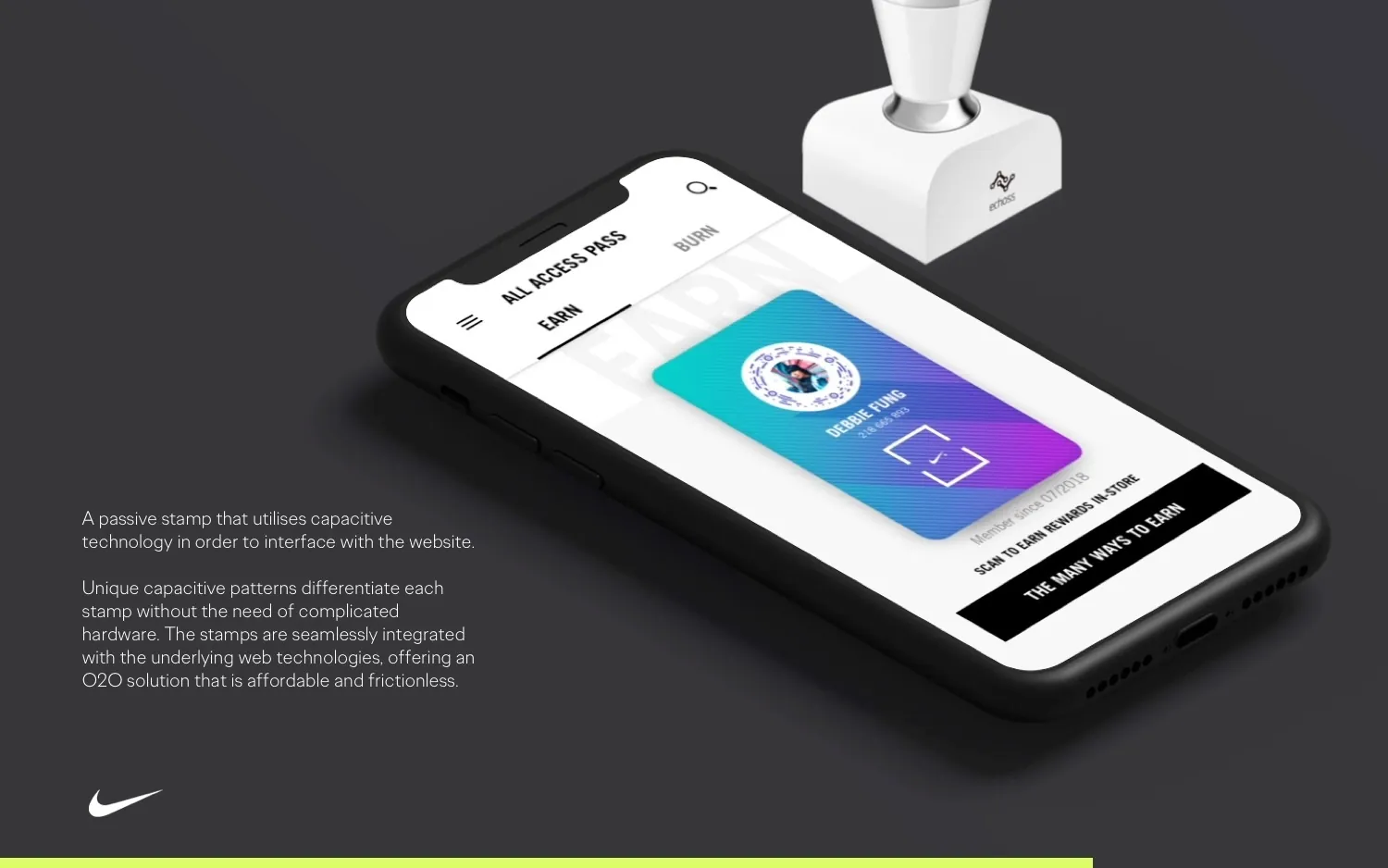 The echoss capacitive Smart Stamp pressing onto a phone showing the member pass to earn rewards in store.